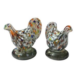 Hand Blown‎ Art Glass Chicken Figurines Pair Speckled Confetti Murano Style 2"